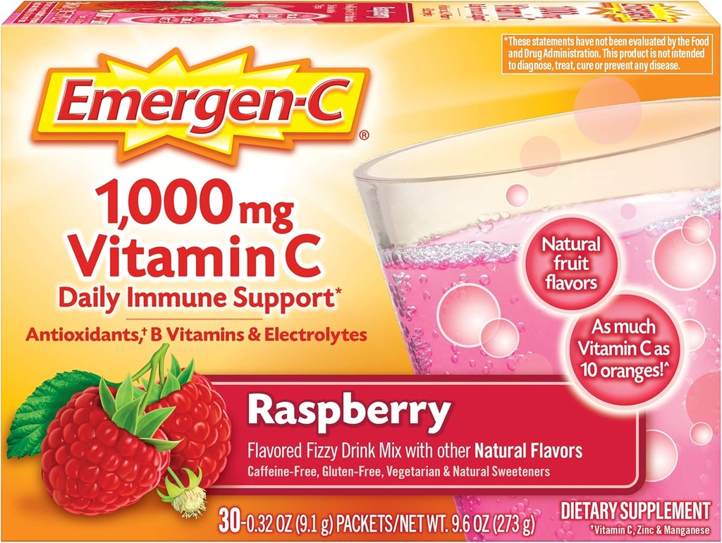 Emergen-C 1000mg Vitamin C-pulver, med antioxidanter, B-vitaminer och elektrolyter, immunitetstillskott för immunstöd, koffeinfri fizzig dricka Mix, hallon smak - 30 greve / 1 månadstillförsel