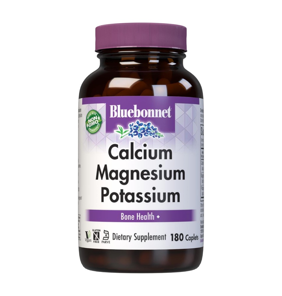 Bluebonnet Kalsium Magnesium Kalium Supplement naisten ja miesten - Tukee Terveet luut - Kalsium 1000 mg Mineraali Supplement Chelate Form - Ei-GMO, Vegan, Gluteeniton - 180 Caplets