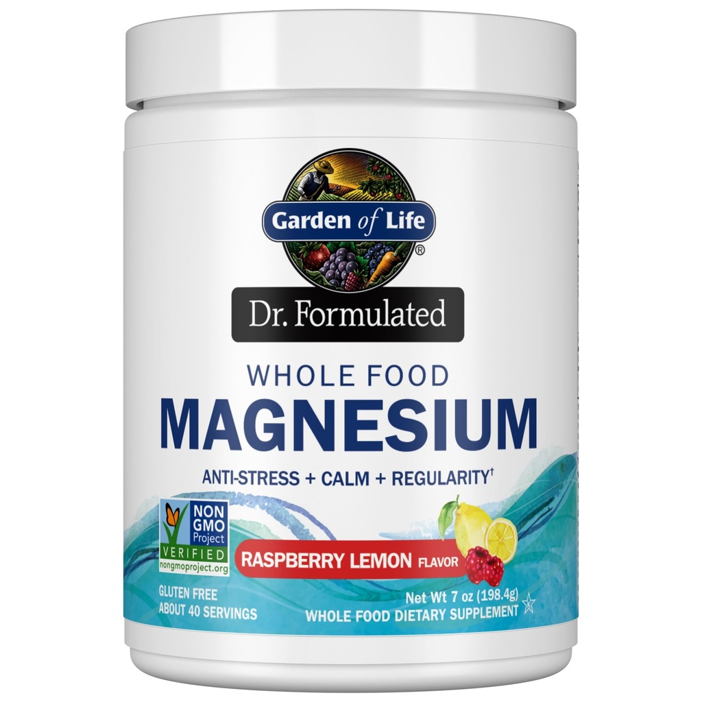 Garden of Life Whole Food Magnesium Powder, Raspberry Lemon - Vegan, Gluten & Sugar Free Supplement med Probiotika för Calm & Regularity