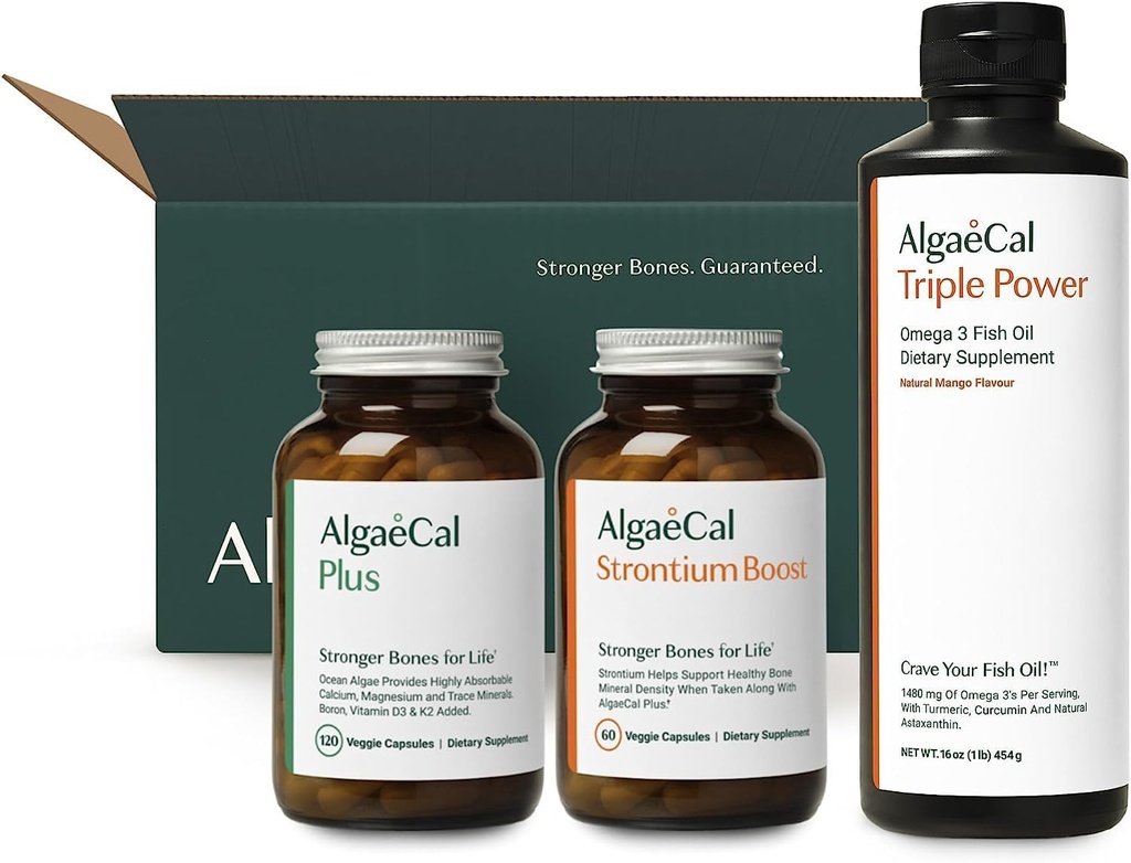 ALGAECAL Welcome Kit - Bone Builder Pack, Plant Based Kalsium Supplement & Strontium, 16 ravintoainetta Bone Health + EPA & DHA Omega 3 Fish Oil, tuki aivot, sydän, iho ja luut, valmistettu Yhdysvalloissa
