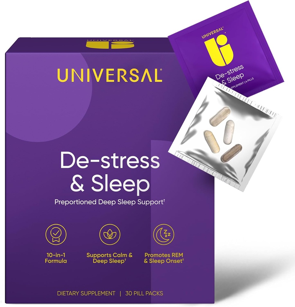 De-Stress & Sleep Supplement - 10-in-1 Natural Sleep Aid for Aikuinen, Päivittäinen Multivitamiini magnesium, Melatoniini, Ashwagandha, L Theanine, Valerian Root, Unilääkkeet miesten ja naisten, 30 Pack