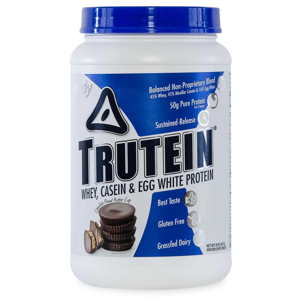 Body Nutrition Trutein High Protein Powder: 45% Whey, 45% Kaseiini, 10% Muna Valkoinen, Gluteeniton, Matala natrium, Ruoho Fed Whey Protein Powder, Kuntosali Supplement & Breakfast Shake, Chocolate Peanut Butter, 2b