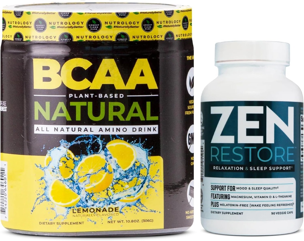 Nutrology Zen Natural Magnesium Supplement (30 tarjoilua) & Nutrology BCAA Natural, Plant Based BCAA Powder, Lemonade Flavor (30 tarjoilua)