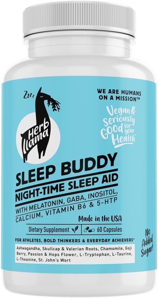 Sleep Buddy Nighttime Sleep Aid -vegaaniset kapselit, joissa on melatoniinia, GABAa, L-tryptofaania, Ashwagandhaa ja sitruunavoidetta.