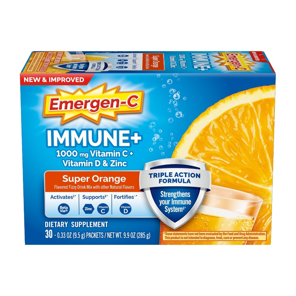 Emergen-C Immuuni+ Triple Action Immunosupport Powder, BetaVia (R), 1000 mg C-vitamiinia, B-vitamiinia, D-vitamiinia ja antioksidantteja, Super Orange, Takaisin kouluun Essentials ... 30