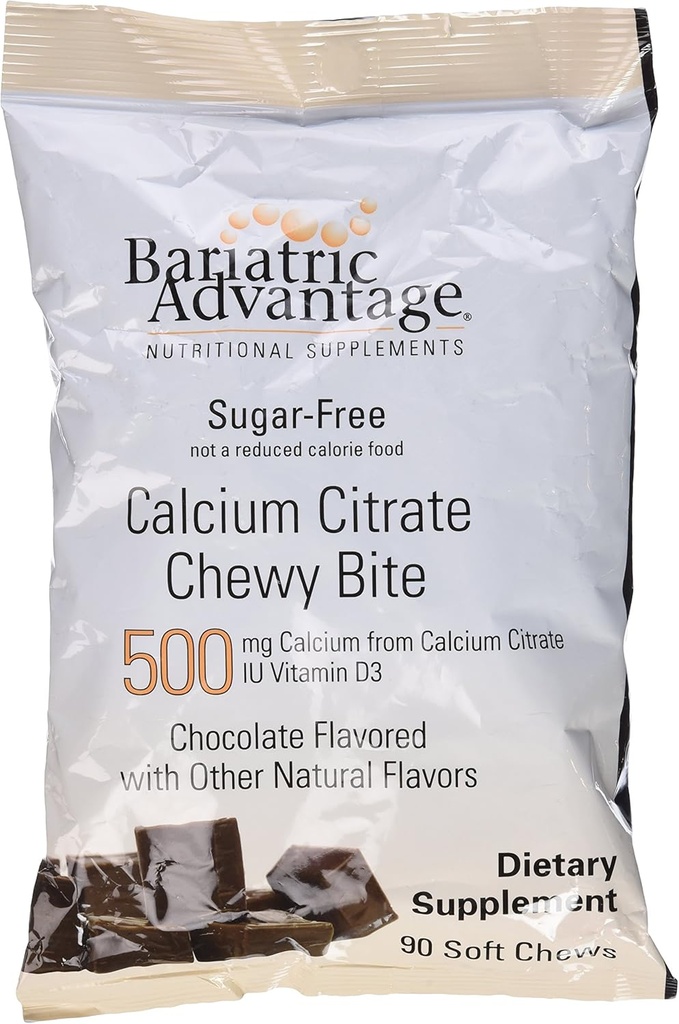 Bariatric Advantage Calcium Citrate Chewy Bites 500mg med vitamin D3 för bariatriska kirurgipatienter inklusive gastric bypass och Sleeve Gastrectomy, Sugar Free - Chocolate Flavor, 90 Count
