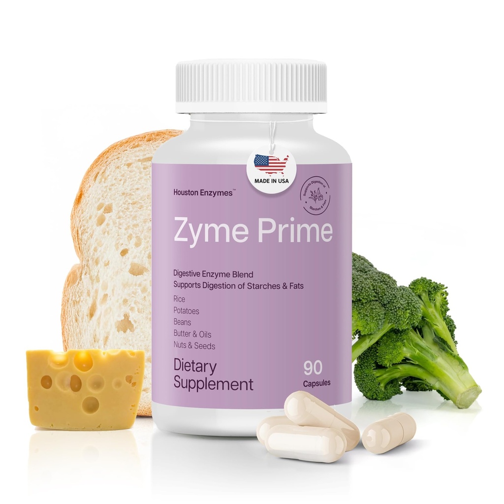 Houston Enzymes - Zyme Prime - 90 kapselia - Ruoansulatuskanavan entsyymit Naiset ja miehet Enzyme, carbin digestio, rasvan ja proteiinin hajoaminen, auttaa sietämään, turvotusta ja kaasua, ruoansulatuskanavan täydentää