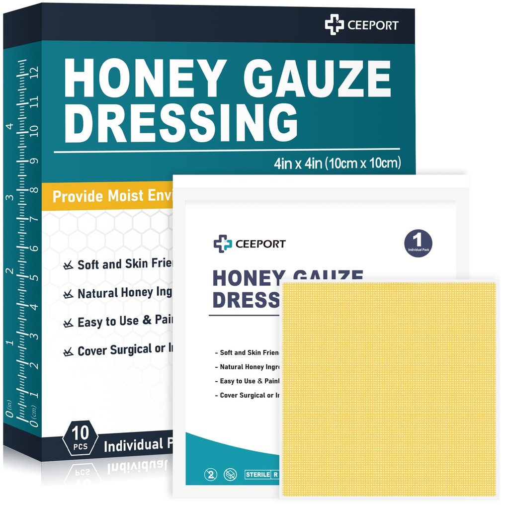 Honey Gauze Wound Dressing, 4" x 4" Manuka Honey Wound Care, Medical Grade Honey Bandges for Haavanhoito, Honey Patch for Faaster Healing from Burns, Abrasions, Cuts and Scalds (Pack of 10)