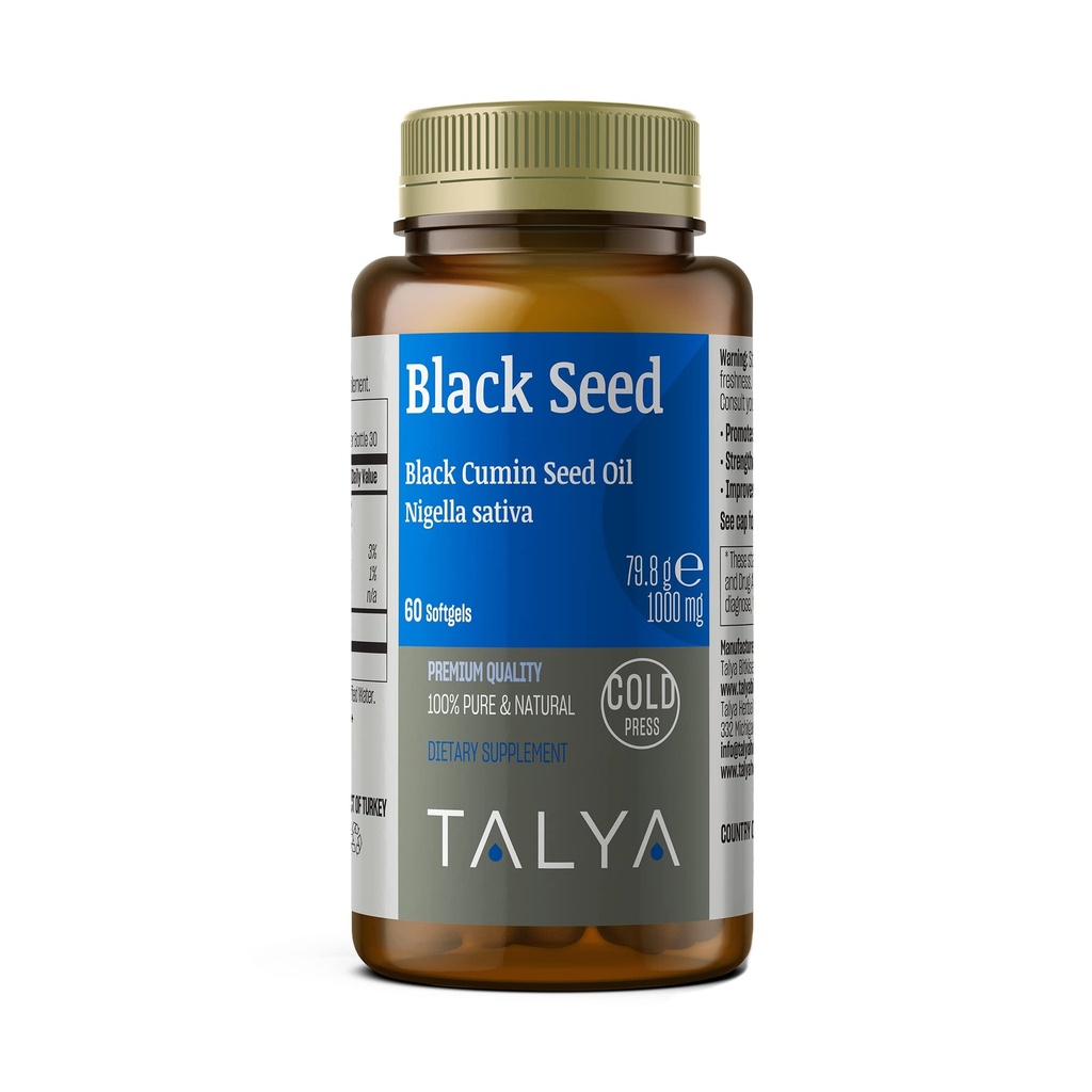 Talya Black Seed Oil Softgel korkea Thymokinoni - Immuno Support - Ruoansulatusterveys - Aivotoiminta - Yhteinen liikkuvuus - Kylmä painettu ei-GMOT Turkin musta Cumin Nigella Sativa Siemenet