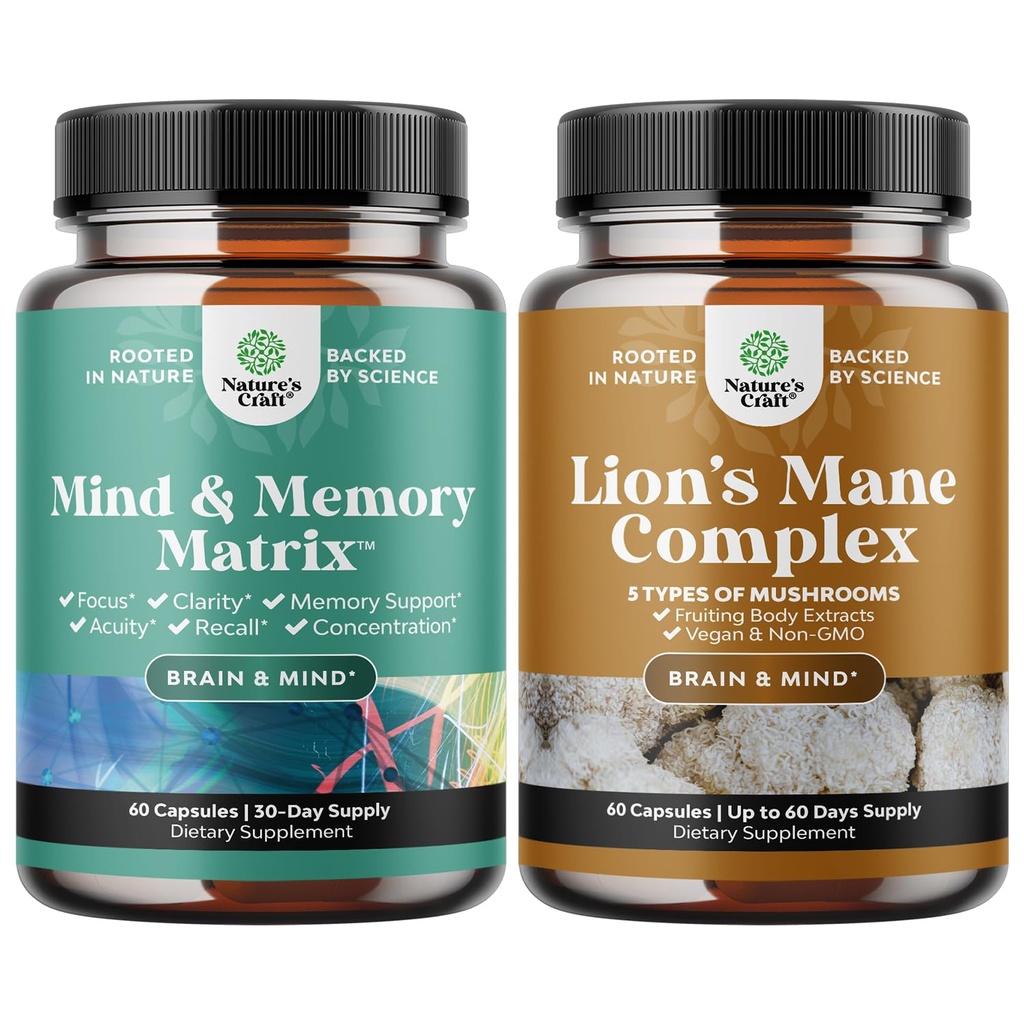 Bundle of Advanced Nootropic Aivojen tuki täydentää muistia ja keskittyä vitamiineja ja Advanced Lion Mane Sieni täydentää Reishi, Chaga, Maitake & Shiitake muistoja tukea ja keskittyä