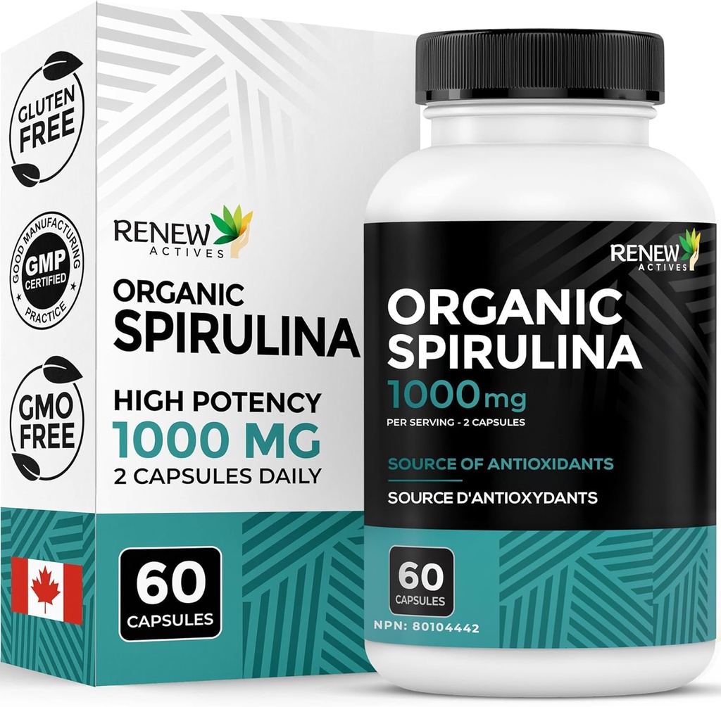 Renew Actives Organic Spirulina 1000MG per 2 kapselia ... Superfood for men & women... tukee energiaa, hyvinvointia ja immuunitoimintaa...