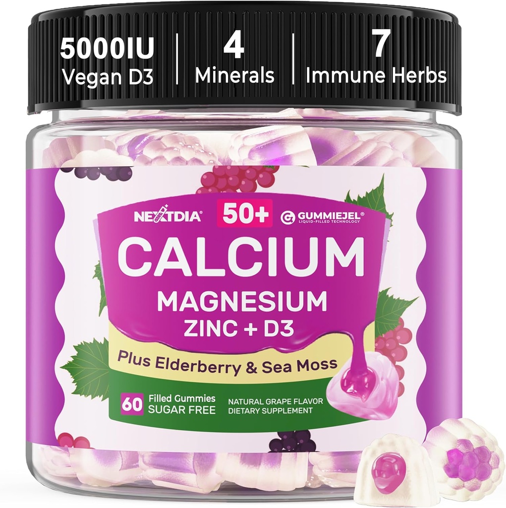 Kalsiumlisät Naiset ja miehet 50+, kalsiumsitraatti 1000 mg D3-vitamiinilla, magnesiumilla, sinkillä, vanderberryllä, suuren imeytymisen kalsiumpuruja luun tiheyteen, rentoudu lihas, immuuni, vegaaninen 60ct
