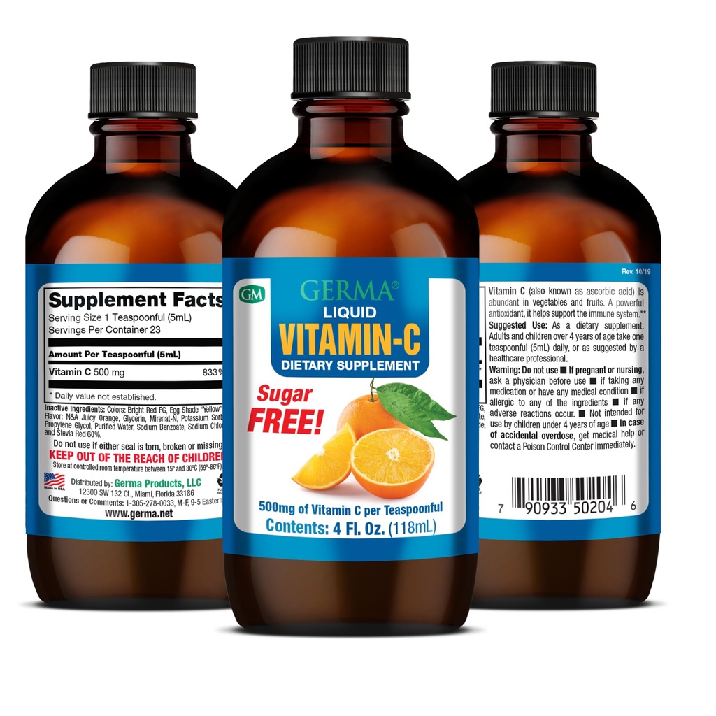 Germa sokeriton nestemäinen C-vitamiini 500 mg. Nopea imeytyminen Ravintolisä. 4 oz / 118 ml