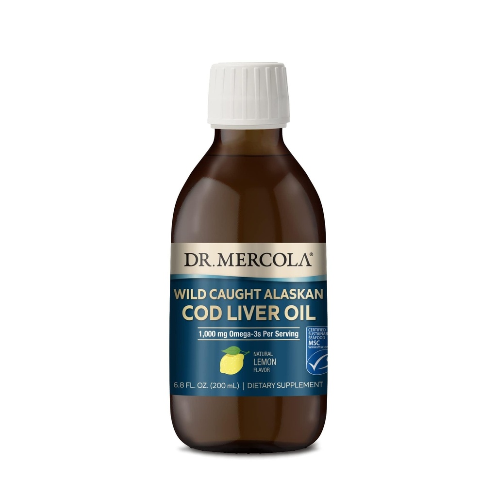 Dr Mercola Wild fångade Alaskan Cod Liver Oil, 6.8 Fl. Oz. (200 ml), 40 portioner, 1000 mg Omega-3 per portion, kosttillskott, stöder hjärna och kognitiv funktion, icke-GMO, MSC Certified