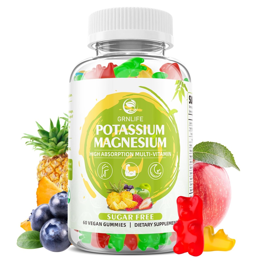 Kalium Magnesium Supplement Gummies, Potassium Gummies för vuxna barn, High Absorption Magnesium Glycinate för Leg Cramps & Immune Health, Sugar-Free, Vegan Mixed Flavors, 60 Count