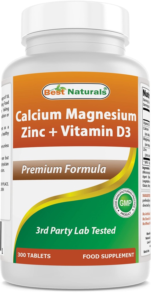 Bästa Naturals Calcium Magnesium Zink med vitamin D3, 300 tabletter - Calcium 1000 mg, Magnesium 400 mg, Zink 25 mg och D3 600 IE per portion (3 tabletter)