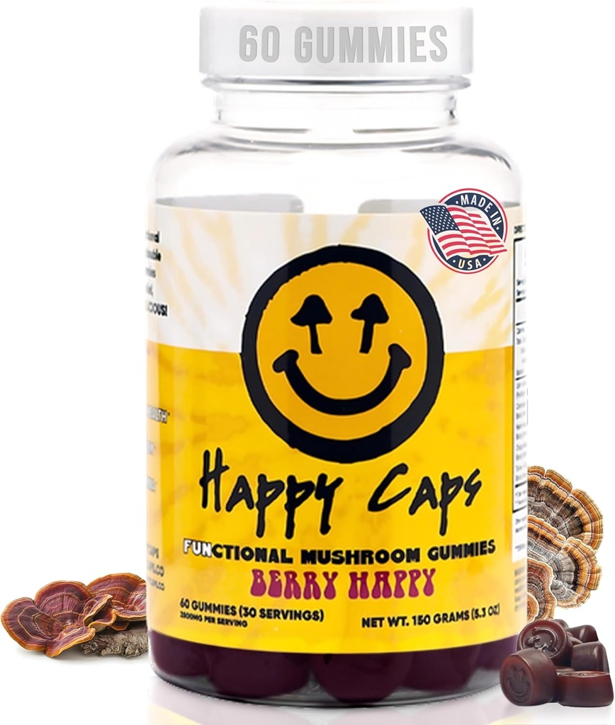 Lions Mane Mushroom Gummies för avkoppling och Wellness Organic Functional Mushroom Blend med Turkiet Tail, Reishi, Chaga & Cordyceps - Immune Support - Vegan Supplement - 60 Berry Gummies