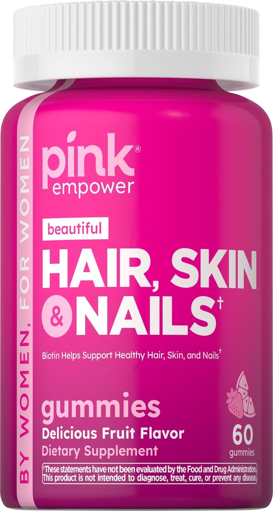 PINK Hair Skin Nails Gummies | 60 greve | Plus Collagen & Biotin | Non-GMO & Gluten Free Vitamins för kvinnor | Strawberry smak