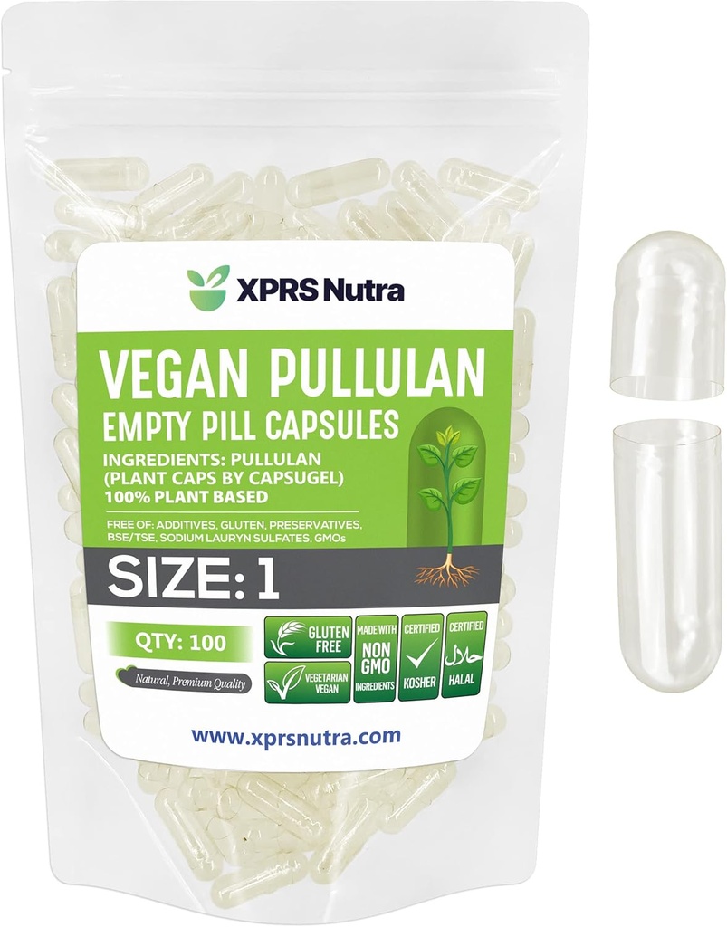 XPRS Nutra Koko 1 Pullulan tyhjät kapselit - 100 Count Clean Label Kasvikapselit Tyhjät Vegaanikapselit - Premium kasvissyöjä pillerit - Tee-se-itse Vihanneskapselin täyte