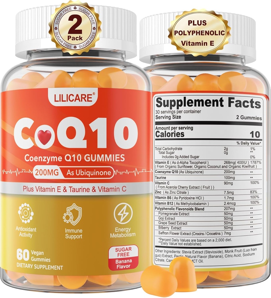 Sokeriton CoQ10 200mg Gummies - Coenzyme Q10 w/Tauriini, E-vitamiini, C, B6, B12, Sinkki - Korkea Imeytyminen CoQ10 täydennysosa antioksidantti, Cellular Energy & Hear-t Health, Vegan 120 C