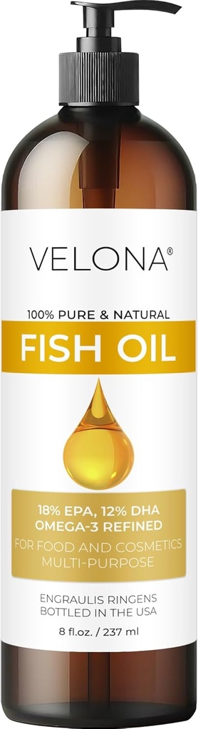 Fish Omega-3 Oil av Velona - 8 Fl Oz | 100% ren och naturlig bärare | Förfinad | Vitamin E, D, Omega-3 | Matlagning, hud, ansikte, kropp, hårvård | Använd idag - Njut av resultat