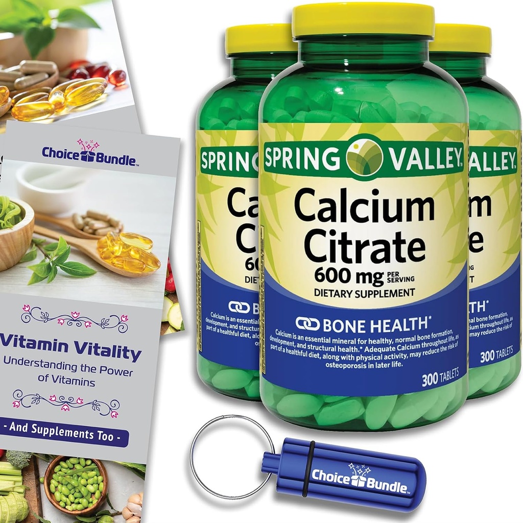 Spring Valley Kalsium Citrate Tabletit Ruokavalion täydennys 600 mg 300 Ct 3 pk Valitse Bundle (900 yhteensä) + Vitamiini opas & pilleri Container (5 tuotetta)!
