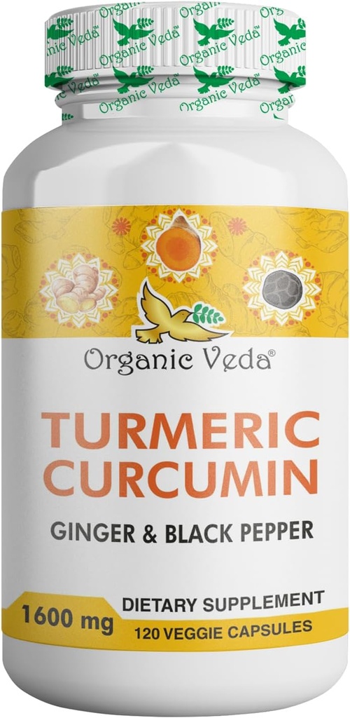Organic Veda Turmeric och Ginger Capsules 120 Pills - Organisk gurkmeja Curcumin med Black Pepper för gemensamt stöd - Non GMO, Gluten Free, Turmeric och Ginger Supplement (95% curcuminoids)
