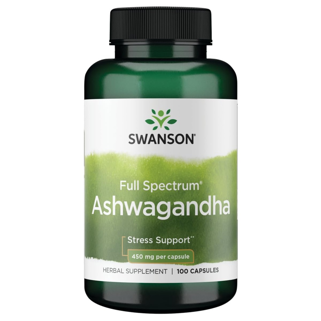 Swanson Ashwagandha Powder Supplement - Ashwagandha Root & Aerial Parts - Främjar Stress Relief & Energy - Ayurvedic Supplement for Natural Wellness (100 kapslar, 450mg vardera)