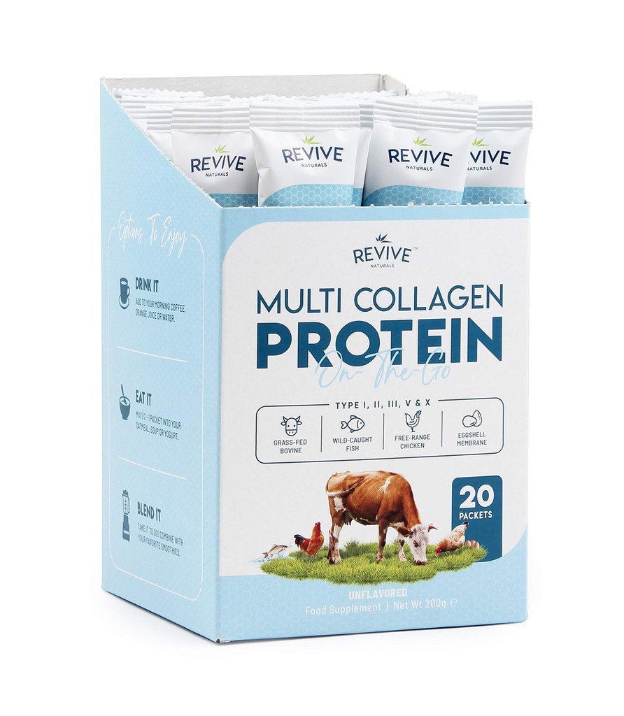Multi Collagen Protein Powder Packets - Tyypit I, II, III, V & X - Hydrolyzed Grass Fed Nauta, Wild Caught Fish, & Free-Range Chicken & Eggshell Collagen. Ei-GMO, Halal, (10g Each, 20 Packets)
