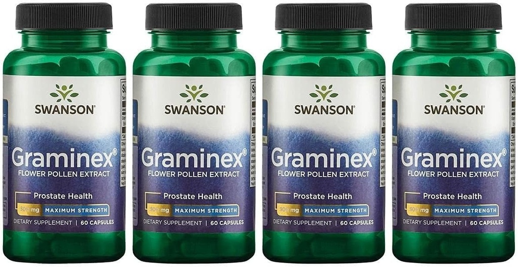 Swanson Maximum Strength Graminex Flower Pollen Extract - Supports Prostate Health, Urinary Tract Function, and Kidney Health - Mens Health Supplement - (60 Capsules, 500mg Each) (4 Pack)