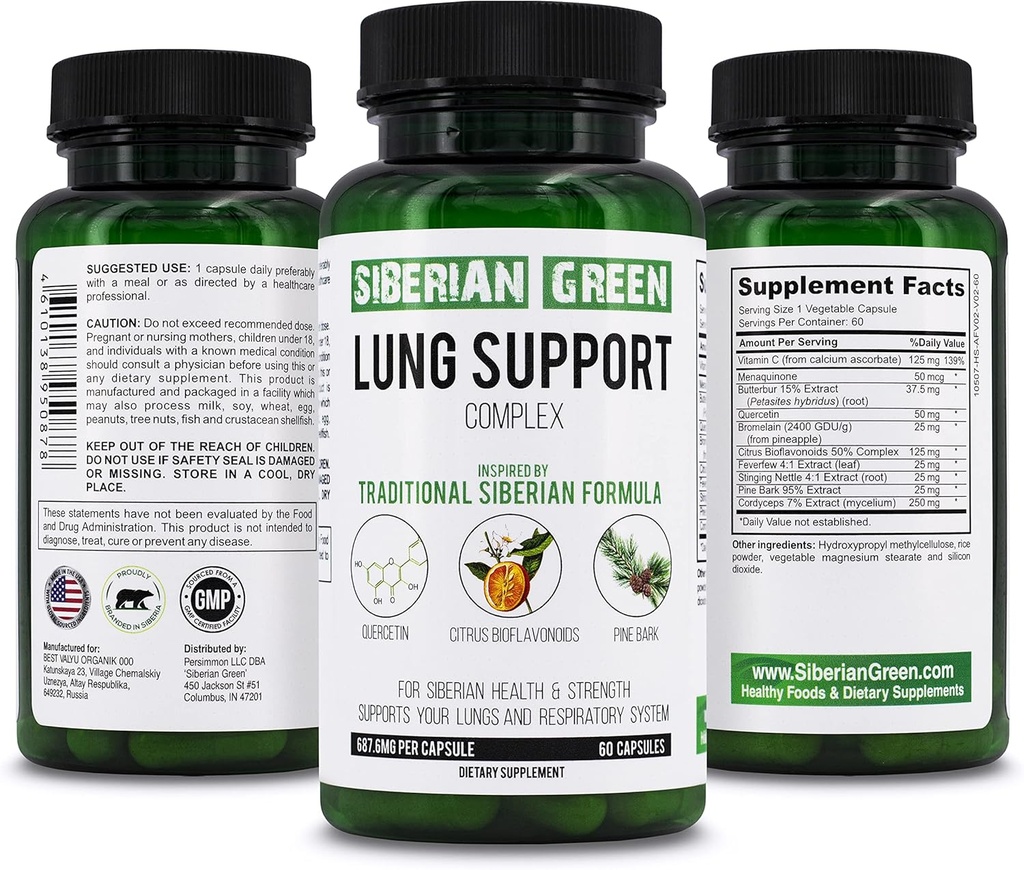 Siberian Green Lung Support Komplex 60 kapslar - Traditionell Formel Supplement Rich i Quercetin, Citrus Bioflavonoider, Pine Bark