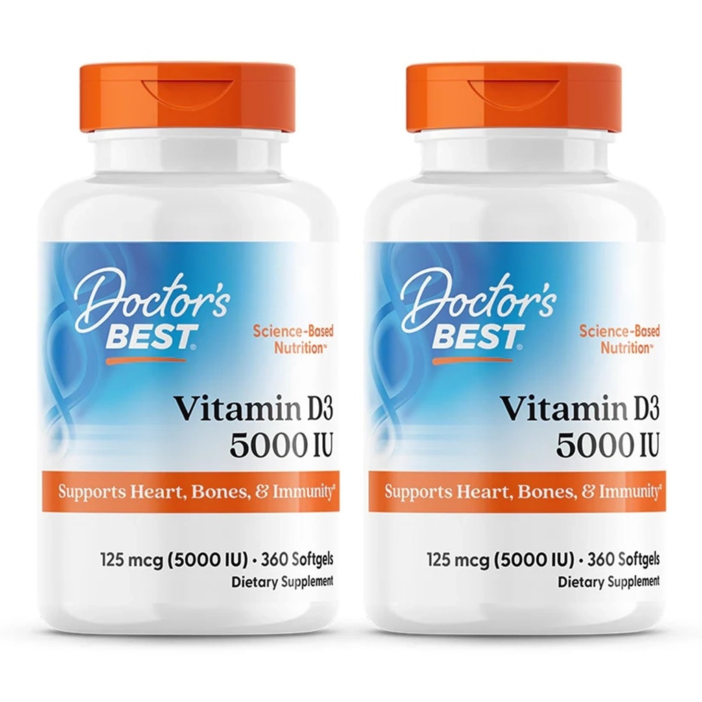 Lääkärin paras, (2 pakkaus) D3-vitamiini, 125 mikrog (5000 IU), 360 Softgels