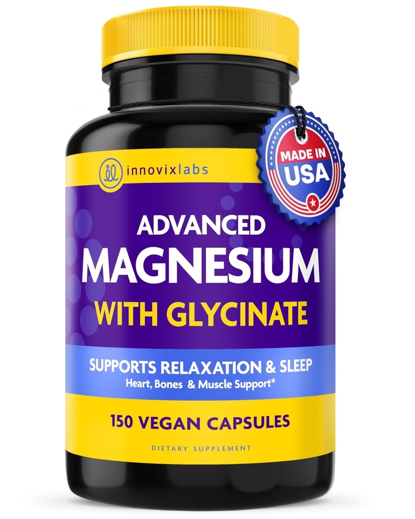 InnovixLabs Advanced Magnesium Capsules - 150 Ct, 210 mg - Chelated Glycinate och Malate - Hög Absorption, främjar avkoppling, ben, muskelhälsa, Vegan Malate Sleep Supplement
