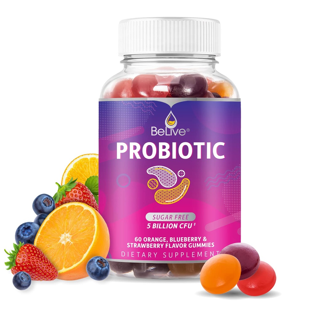 BeLive Probiootti Gummies - Probiootit 5 miljardia PMY: n Ruoansulatus, miehet, naiset & lapset - Immuunituki, sokeriton & vegaaninen 60 Ct Mustikka, mansikka & Orange
