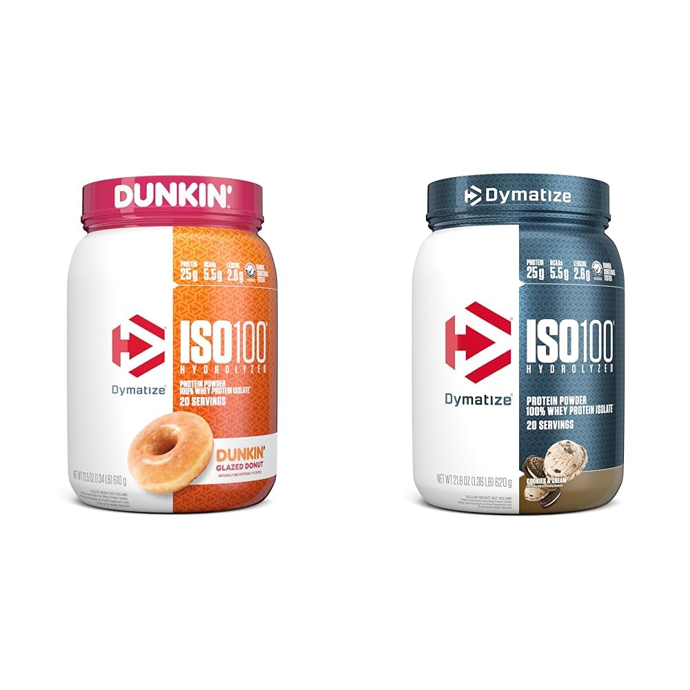 Dymatize ISO100 Hydrolysed Protein Powder, 100% Whey Isolate, Dunkin' Glazed Donut Flavor, 20 Servings & ISO100 Hydrolysed Protein Powder, 100% Whey Isolate Protein, 25g proteiinia, 5.5g BCAAs