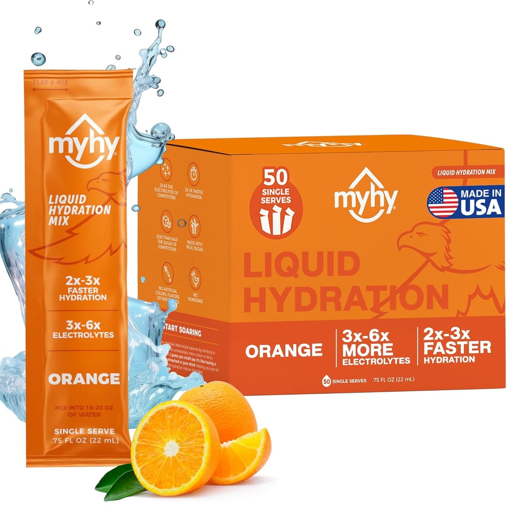 MyHy Liquid Hydration Packets, Electrolyte Drink Mix aikuisille ja lapsille Hydraation tuki, Dehydration Relief for Travel, Raskaus, Kuntoilu, Polttarit ja polttarit Orange, 50 kreivi