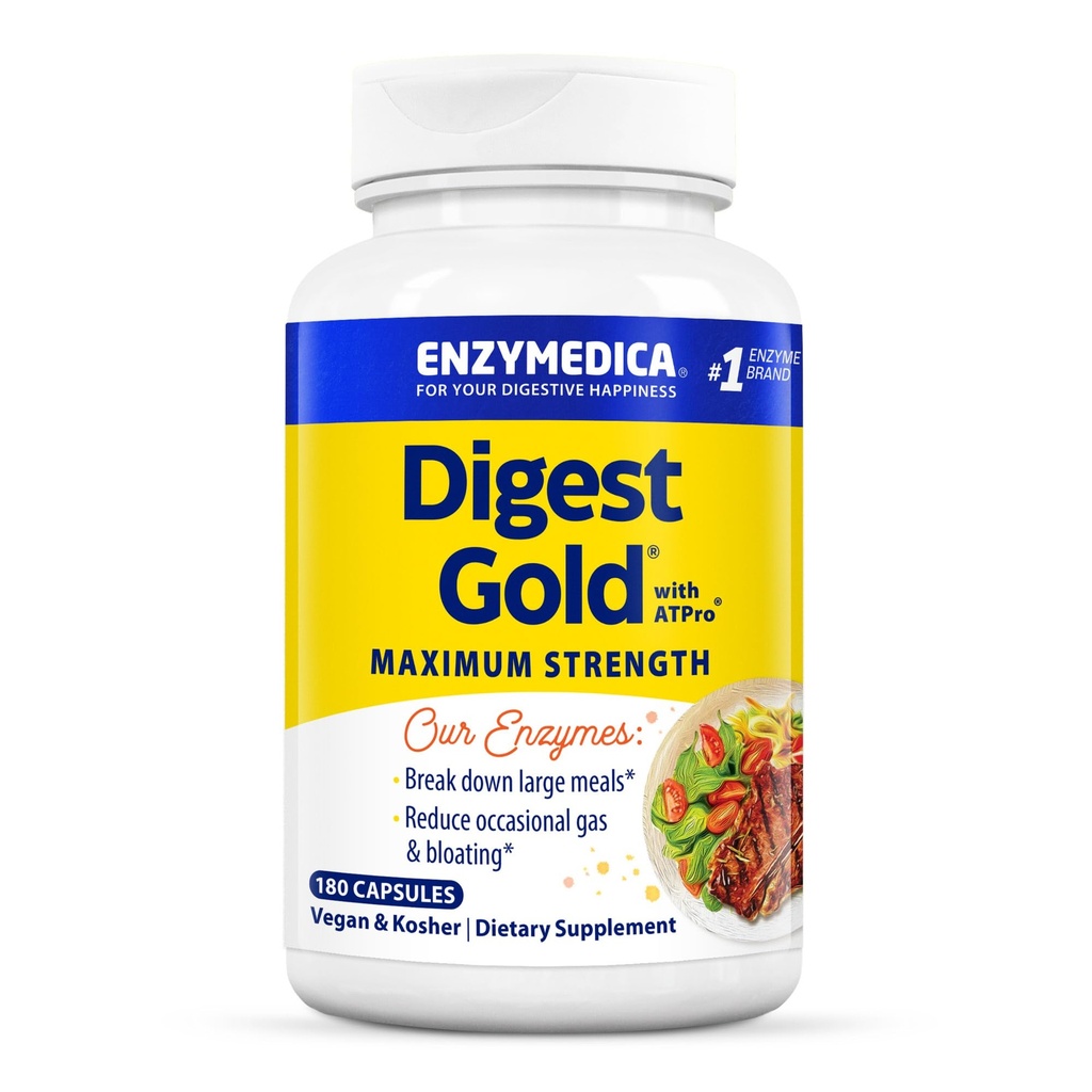 Enzymedica Digest Gold + ATPro, Maximum Strength Enzyme Formula, estää turvotusta ja kaasua, 14 avainentsyymiä mukaan lukien amylaasi, proteaasi, lipaasi ja laktaasi, 180 kapselia