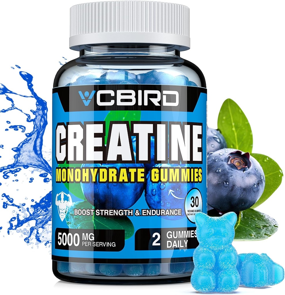 Kreatiini Monohydraatti 5g per tarjoilu, Ei sokeria Creatiini täydentää Tuki vahvuus, suorituskyky, energia, Recovery, Gluteeniton Creatiini naisille ja miehille, Mustikka maku (30 Gummies109)