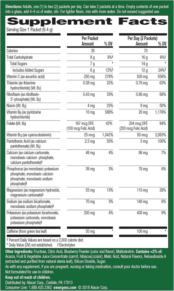 Emergen-C Energy+, med B-vitaminer, vitamin C och naturligt koffein från grönt te (Blueberry Acai smak) Dietary Supplement Drink Mix, 0,33 Ounce Powder Packets (Pack of 18)