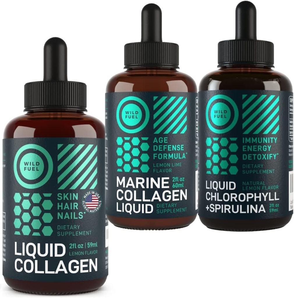 WILD POLTTOAINE Liquid Collagen, Marine Collagen ja Liquid klorofylli Kauneus ja hyvinvointi Bundle
