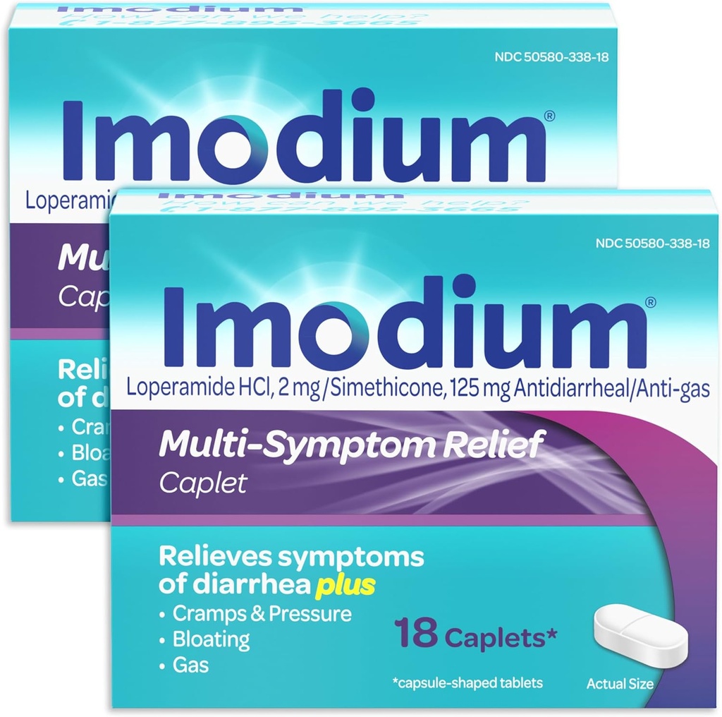 Imodium Multi-Symptom Relief Caplets with Loperamide Hydrochlorothiade and Simeticone, Anti-Diarrheal Medicine for Treatment of Ripuli, Kaasu, turvotus, Cramps & Pressure, 2 Pack