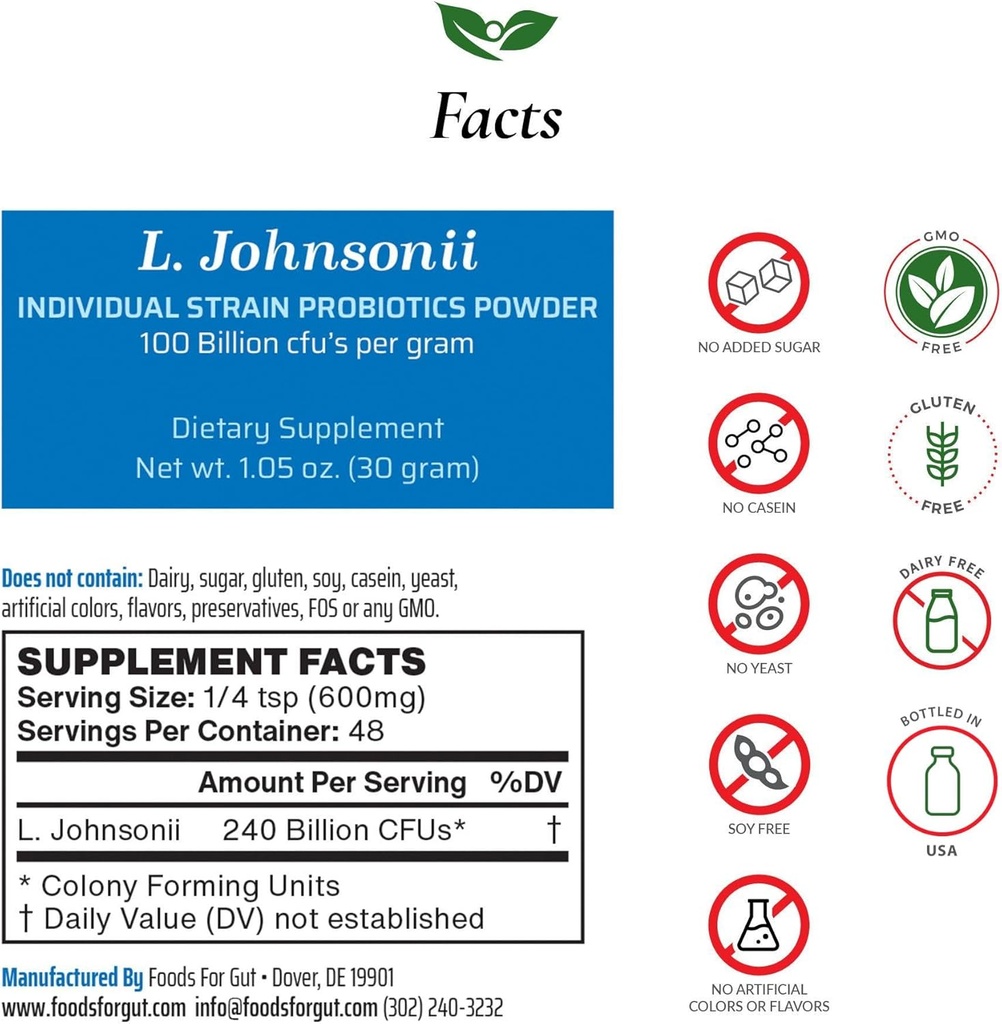 Livsmedel för Gut Lactobacillus Johnsonii Probiotic Powder 100 miljarder cfu | Inga tillsatser | Direkt från tillverkare | Ingen tredjepartsförvaring | Immun Support | L. Johnsonii | 30 Grams (1,05 Oz)