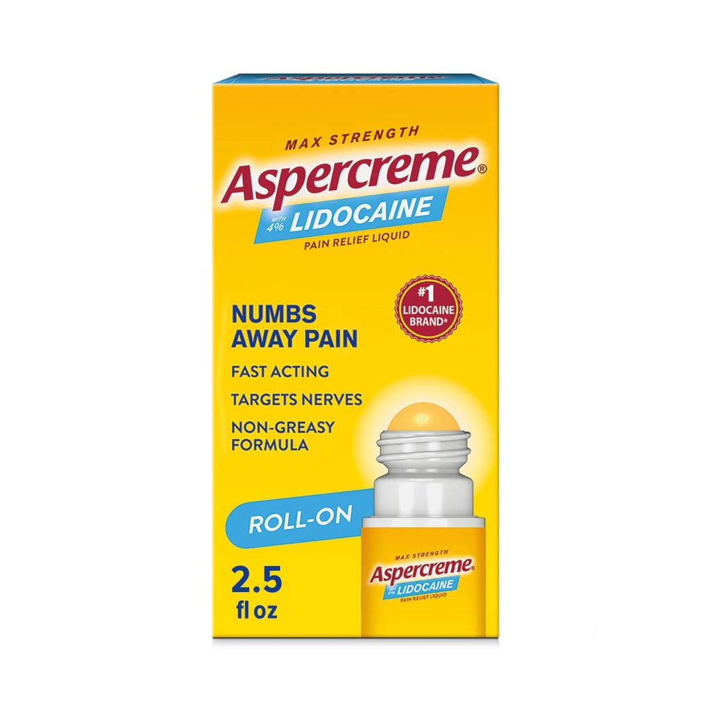 Aspercreme Odor Free Max Strength Lidokaiini Pain Relief Liquid Roll-On No Mess Applicator, 2.5 oz.