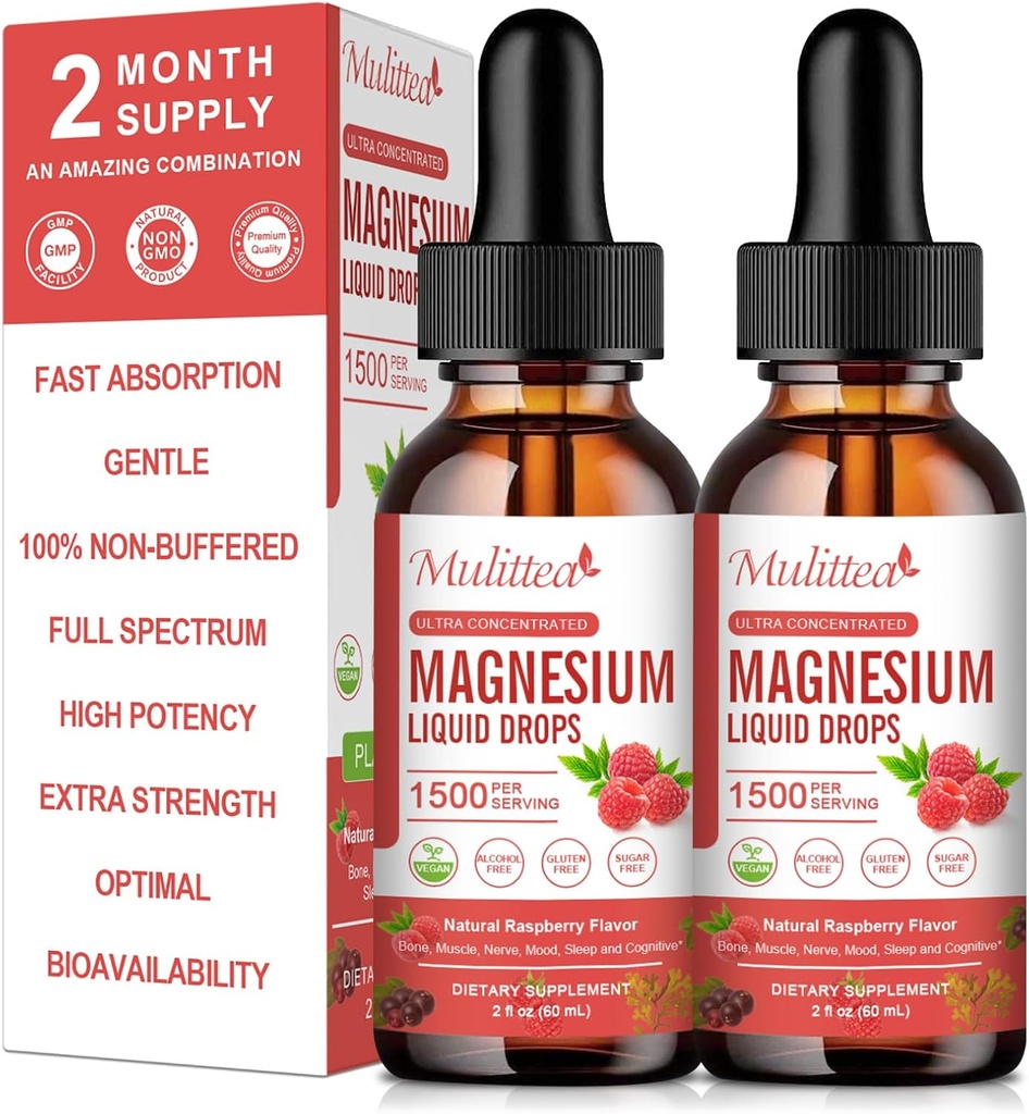 (2 pakkaus) Magnesium Glycinate Liquid Drops w/ 1500 mg magnesium Glycinate, taurate, malaatti, sitraatti, kalsium Plus Kaliumia hermoille, luut, sydänterveys ja energia Zzz - korkea absorptiovadelma maku
