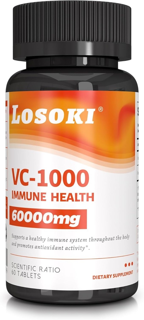 Losoki VC 1000 - Korkea-Dose C-vitamiini täydentää Immuunin tuki ja antioksidanttisuojaus - puskuroitu Formula Rose HIPS Powder - 60 tabletti