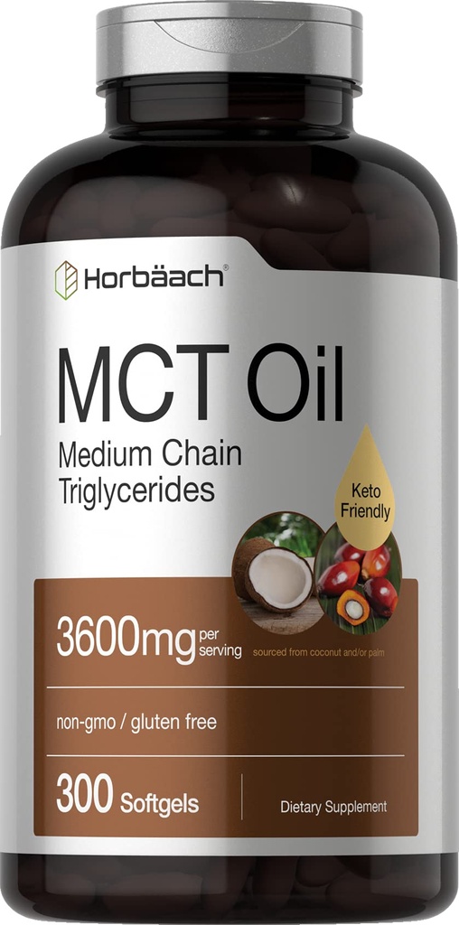 Horbäach MCT Oil Pills | 3600mg | 300 Softgel Capsules | Keto Supplement från Coconut | med Caprylic & Capric Acid | Non-GMO och Gluten Free