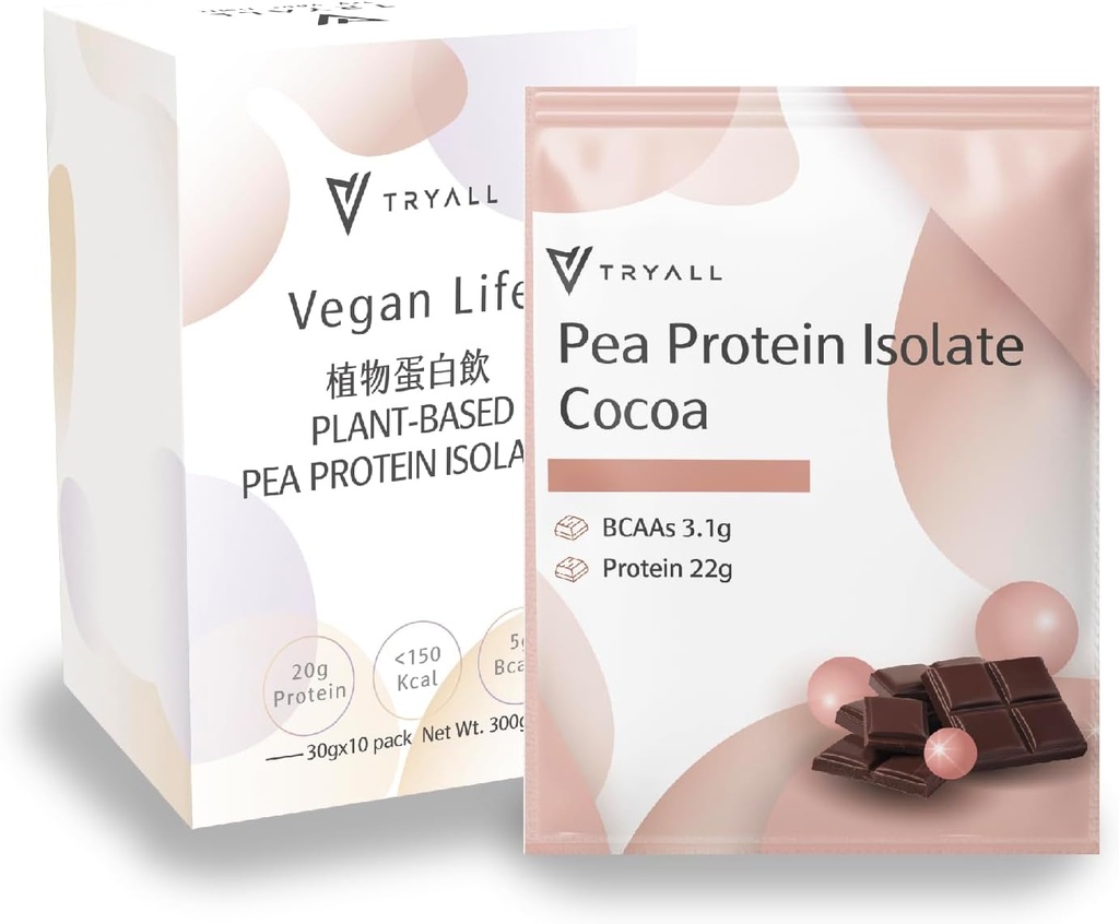 TRYALL Plant Based Pea Protein Powder Isolate (22g Protein) Travel Sachets (Cocoa Milk, 10 Packs)