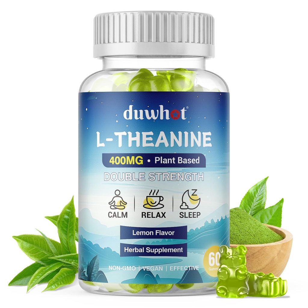 L-Theanine Gummies 400mg, purutabletti täydentää aikuisille & Kids 4+, luonnollinen stressiä lievittää, zzZ & Focus lisäravinteet, vegaaninen, alhainen sokeri, Non-Drowsy, sitruunan maku, 60 purutablettia