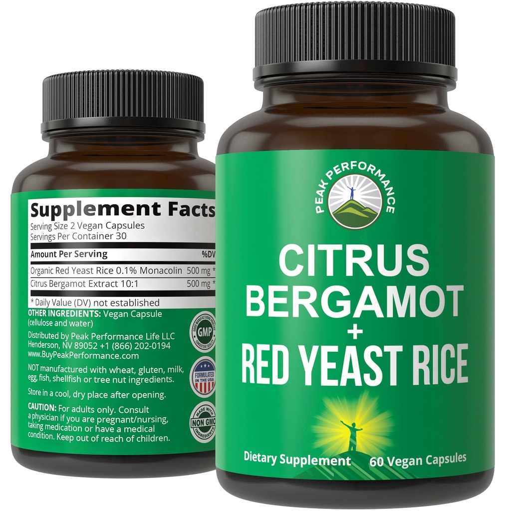 Citrus Bergamot + Red Yeast Rice. 2-in-1 täydentää. High Strength 10:1 Bergamot Extract. Ei gluteenia, nollasokeria, vegaanisia kapseleita