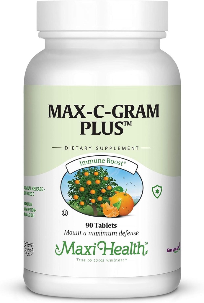 Maxi Health Vitamiini C 1050mg ... Puskuroitu C-kompleksi, jossa on kalsiumaskorbaattia ja bioflavonoideja... Immunosupport Supplement, Non-Acidic, Hellävarainen vatsassa, asteittainen vapautuva 90 tablettia